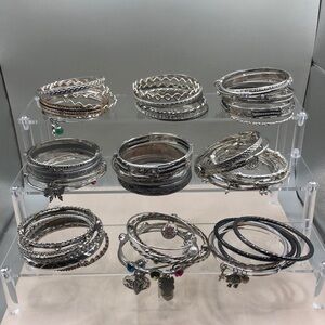 Huge lot bundle 65 silver/gunmetal boho style bangle bracelets, stackable layer